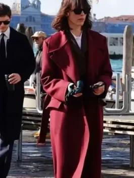 Rebecca Hall The Beauty Maroon Coat in professional maroon finish with luxury double breasted style.