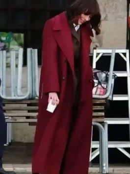 Rebecca Hall The Beauty Maroon Coat showcasing professional wool grain and luxury full length sleeves.
