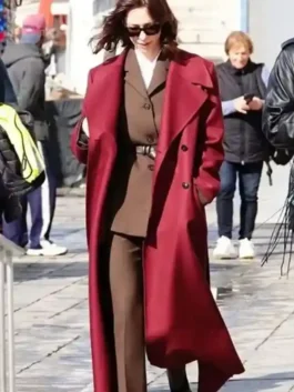 Rebecca Hall The Beauty Maroon Coat featuring professional maroon panels and luxury belted closure.