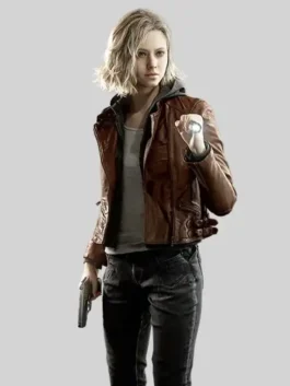 Resident Evil 9 Grace Ashcroft Jacket in real brown leather with a professional grey hoodie insert and sharp lapels.