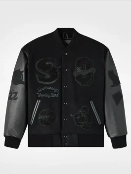 Scarborough Shooting Stars Championship Varsity Jacket showcasing professional black panels and luxury rib knitting.