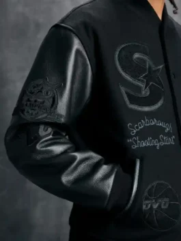 Scarborough Shooting Stars Championship Varsity Jacket right view highlighting professional patches and luxury sleeves.