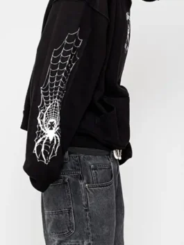 Spider Crest Hoodie side view with professional black fabric and luxury full length sleeves.