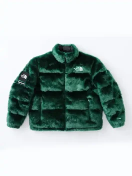 Supreme The North Face Fur Nuptse Jacket in green with professional grade sleeves and a luxury stand up collar.