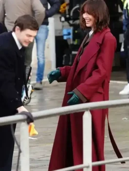 Rebecca Hall The Beauty Maroon Coat in professional maroon wool fabric with luxury lapel collar.