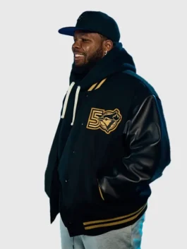 Toronto Blue Jays Anniversary Varsity Jacket showcasing professional leather grain and luxury rib-knit collar.