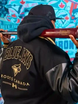 Toronto Blue Jays Anniversary Varsity Jacket back view in professional black wool with luxury yellow leather sleeves.