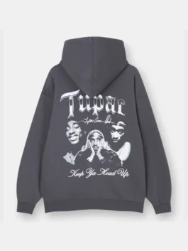 Tupac Grey Hoodie back view highlighting the professional panels and premium fleece texture.