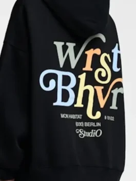 Worst Behaviour Black Hoodie back view showcasing professional high quality printing and a luxury drape.
