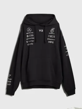 Y-3 Mercedes-AMG F1 Black Hoodie featuring professional black panels and luxury pullover style.