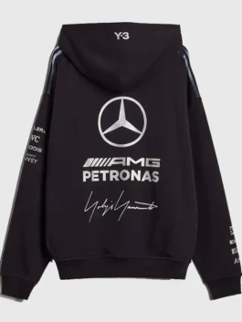 Y-3 Mercedes-AMG F1 Black Hoodie back view highlighting professional black finish and luxury buttoned cuffs.