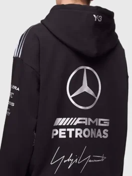 Y-3 Mercedes-AMG F1 Black Hoodie showcasing professional fabric grain and luxury full length sleeves.