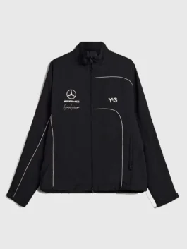 Y-3 Mercedes AMG Team Track Jacket front view highlighting professional black finish and luxury full sleeves.