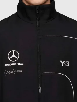 Y-3 Mercedes AMG Team Track Jacket closeup featuring professional black finish and luxury heavy duty zipper.