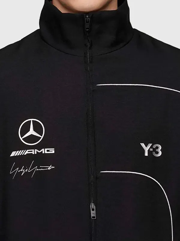 Y-3 Mercedes AMG Team Track Jacket closeup featuring professional black finish and luxury heavy duty zipper.