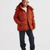 1920 Orange Puffer Jacket in vibrant orange parachute fabric with a removable hooded collar, zipper closure and a clean everyday puffer silhouette.