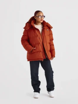 1920 Orange Puffer Jacket in vibrant orange parachute fabric with a removable hooded collar, zipper closure and a clean everyday puffer silhouette.