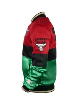 Chicago Bulls 75th Anniversary Color Block Satin Jacket featuring professional fabric panels and luxury zipper closure.