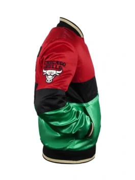 Chicago Bulls 75th Anniversary Color Block Satin Jacket highlighting professional satin grain and luxury rib knitted collar.