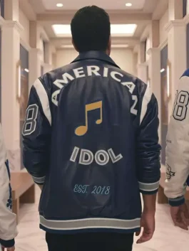 American Idol Lionel Richie Blue Varsity Jacket back view in rich blue leather with a clean structured varsity silhouette and rib knitted hem.
