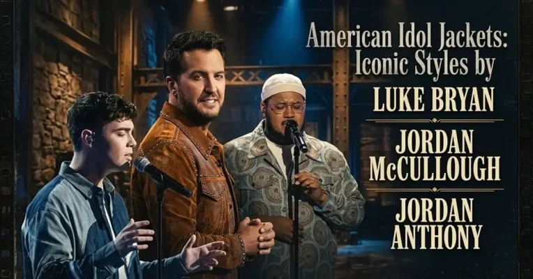 Promotional banner for American Idol Jackets showing three performers on stage in standout outerwear