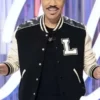 American Idol Season 24 Lionel Richie Black and White Varsity Jacket featuring a large L patch and leather sleeves.