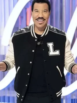 American Idol Season 24 Lionel Richie Black and White Varsity Jacket featuring a large L patch and leather sleeves.