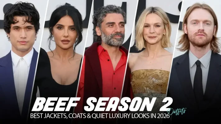 BEEF Season 2 Outfits guide banner with five cast portraits and bold text about jackets, coats, and quiet luxury looks.