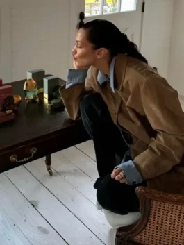 Bella Hadid Brown Suede Leather Jacket in rich brown suede with a classic lapel collar, button closure and Bella Hadid's signature bold and polished everyday look.