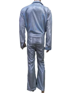 Full front view of the Benson Boone sequin jumpsuit in light blue on a mannequin, featuring an ultra-deep plunging neckline, lapel collar, and matching flared pants.