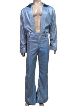 Three-quarter side view of the light blue Benson Boone sequin jumpsuit on a mannequin, showcasing the shimmering fabric, deep V-neck, and retro flared legs.