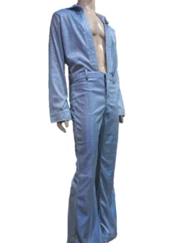 Rear view of the light blue Benson Boone sequin jumpsuit on a mannequin, highlighting the fitted waist, long sleeves, and clean, sparkling back panel.