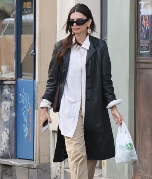 Buy Emily Ratajkowski Paris 2026 Black Leather Coat For Sale