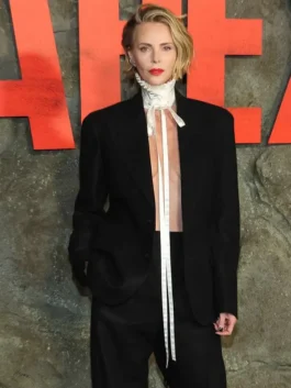 Apex Premiere Charlize Theron Black Blazer front view in sleek black suiting fabric with a sharp lapel collar and Charlize's commanding red carpet presence.