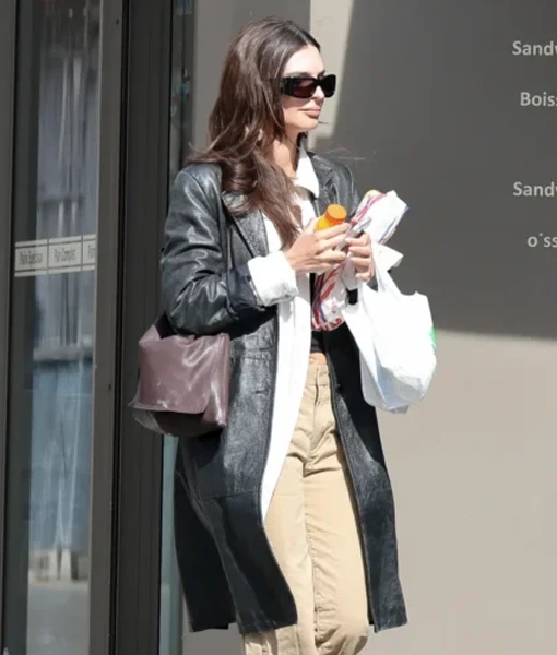 Emily Ratajkowski Paris 2026 Black Leather Coat For Sale