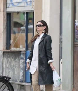 Emily Ratajkowski Paris 2026 Black Leather Coat For Women