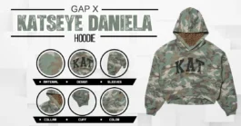 Product infographic for the Gap x Katseye Daniela Hoodie, featuring detailed close-up circles for its design specifications.