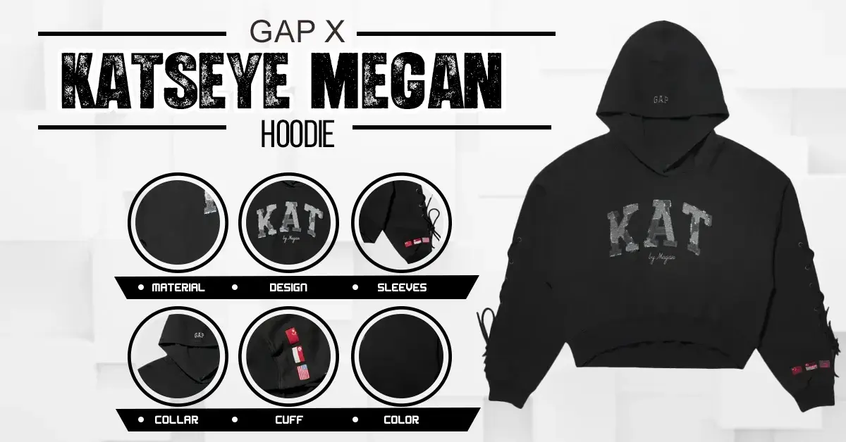 Product infographic for the Gap x Katseye Megan Hoodie, featuring detailed close-up circles for its design specifications.