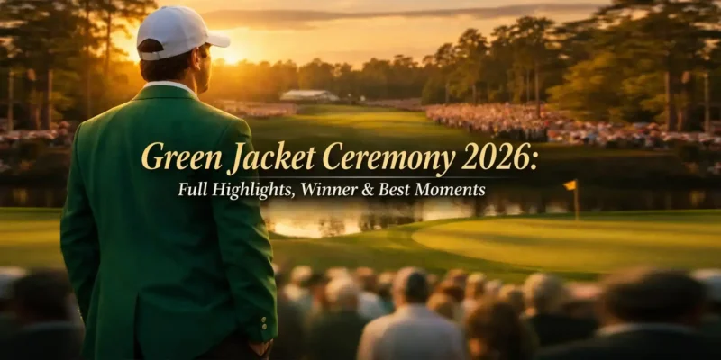 Golfer in green jacket at sunset during Green Jacket Ceremony 2026 with crowd and course view