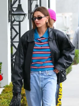 Hailey Bieber Oversized Leather Bomber Jacket in bold black real leather with a relaxed oversized silhouette and Hailey Bieber's commanding everyday street presence.