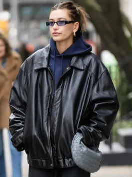 Hailey Bieber Oversized Leather Bomber Jacket front view in sleek black real leather with a shirt collar and Hailey's bold oversized bomber presence.