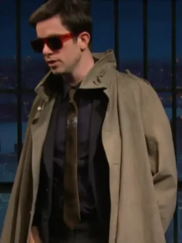 John Mulaney Trench Coat as gifted by Julian Casablancas in classic cotton with a stand up collar and sharp refined everyday outerwear style.