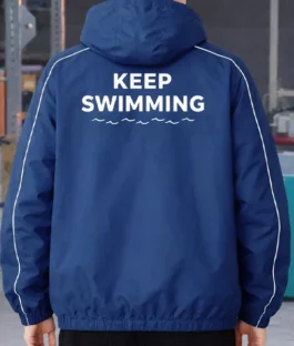 Keep Swimming BTS Jacket unisex in deep blue nylon with white accents, drawstring hood and elasticized cuffs for a relaxed everyday fan fit.