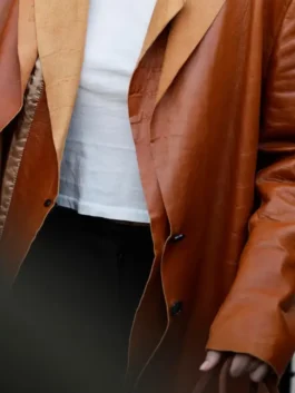 Kendall Jenner Double Layered Leather Blazer in bold brown real leather with a lapel collar and Kendall's iconic double layered refined street style silhouette.