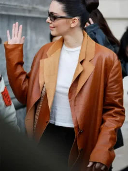 Kendall Jenner Double Layered Leather Blazer in rich brown real leather with a lapel collar and Kendall's bold layered street style presence.
