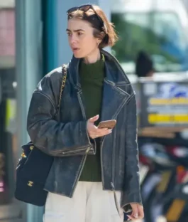 Lily Collins London 2026 Black Leather Jacket
