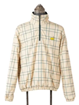 Full front view of the cream windowpane grid patterned Masters reversible jacket, featuring a zip-up mock neck and chest emblem.