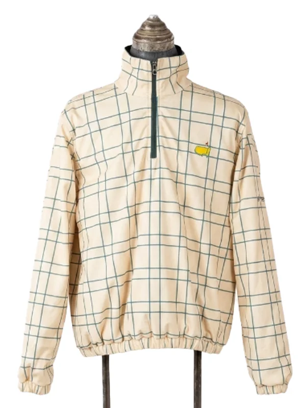 Full front view of the cream windowpane grid patterned Masters reversible jacket, featuring a zip-up mock neck and chest emblem.