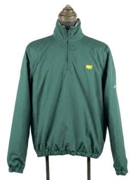 Front product view of the solid green side of the Masters reversible quarter-zip jacket, showing the classic yellow tournament map logo.