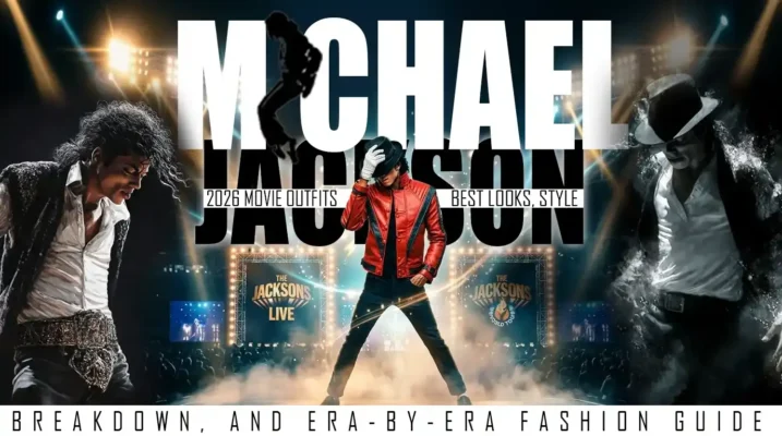 Banner for michael jackson 2026 movie outfits with three stage looks, bold title text, and concert lights.